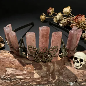 Natural crystal crown headband with raw pink quartz pillars, butterfly and skull metal charms.