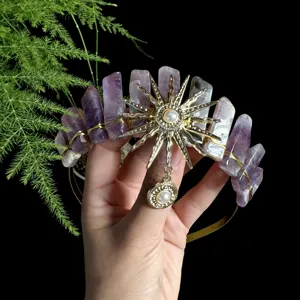 Handmade raw amethyst crystal crown headband golden sun goddess hair accessory for women.