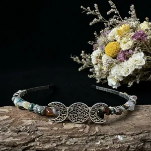 Handmade natural crystal stone triple moon crown headband for festival bridal party wear.