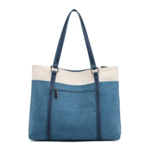 Stylish canvas tote shoulder bag for women, casual two-tone design, durable everyday handbag.