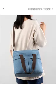 Canvas shoulder bag detail view showing blue body, brown webbing straps and front pockets.