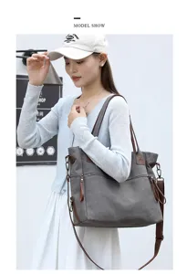 Grey canvas tote bag for women, stylish retro large capacity shoulder bag with straps.