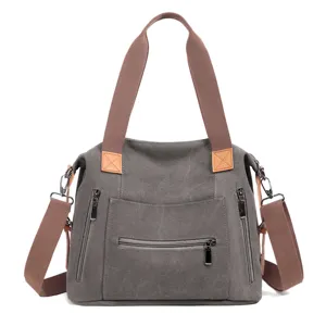 Casual Large Capacity Canvas Tote Bag Retro Vintage Women Shoulder Bag Multi-Pocket Handbag