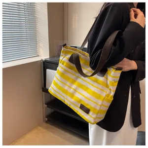 Casual gele gestreepte canvas shopper voor dames, grote schoudertas handtas dagelijks.