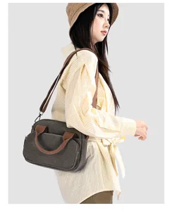 Canvas crossbody bag shoulder wear detail view showing brown handles and striped shirt.