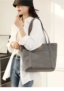 Casual gray canvas tote bag detail, featuring front zip pocket and sturdy shoulder straps.