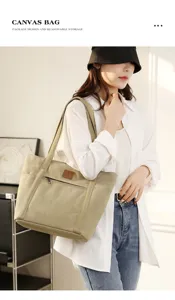 Casual canvas tote bag detail, minimalist daily wear style with large capacity and pocket.