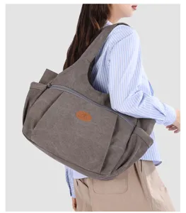 Borsa a tracolla in tela di grande capacità da donna, borsa casual con zip, grigia.