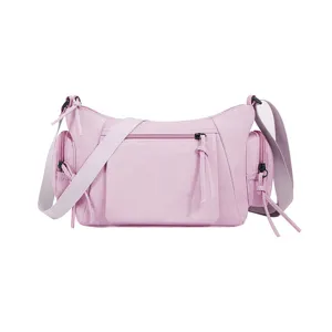 Women retro pink multi-pocket motorcycle shoulder bag versatile stylish crossbody underarm bag