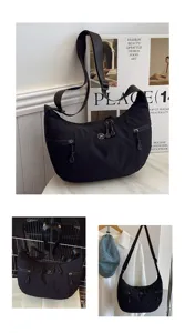 Black nylon shoulder bag casual crescent crossbody bag multi-pocket travel daily handbag