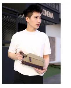 Sac pochette homme en toile rétro casual fermeture éclair marron poignée mode 2025