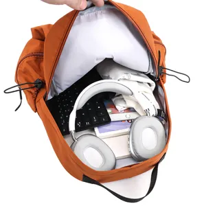 Casual pleated nylon canvas backpack, orange large capacity school bag with drawstring.