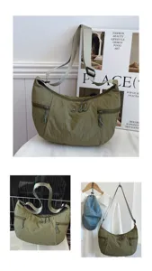 Casual nylon shoulder bag with multiple zipper pockets, adjustable strap, green crossbody style.