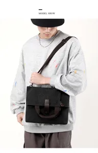 Men canvas messenger shoulder bag detail shot showing flap design, strap and large capacity.