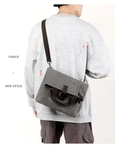 Men vintage canvas messenger bag casual shoulder cross body bag with leather straps grey