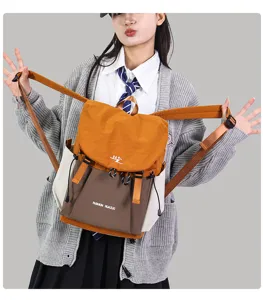 Casual student canvas backpack large capacity stylish contrast color school bookbag for teens