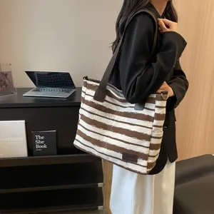 Stijlvolle vrouwen gestreepte canvas schoudertas grote capaciteit casual handtas