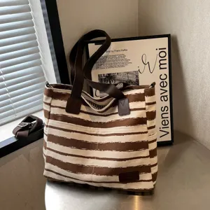 Stijlvolle gestreepte canvas shopper voor dames, grote casual schoudertas met dubbele handvatten.