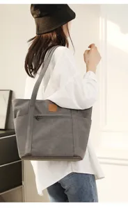 Grey canvas shoulder bag for women, large capacity casual daily tote with zipper pocket.