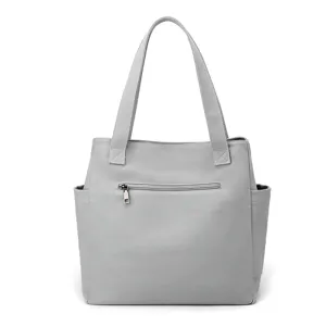 Casual grey canvas shoulder bag with large capacity, top handles, and exterior zip pocket.