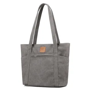 Casual gray canvas tote bag for women, large capacity minimalist shoulder handbag daily use
