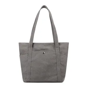 Minimalist Grey Canvas Tote Bag Large Capacity Casual Shoulder Bag for Women Daily Commute