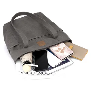 Grey canvas tote bag for women, large capacity shoulder bag casual daily commuting purse