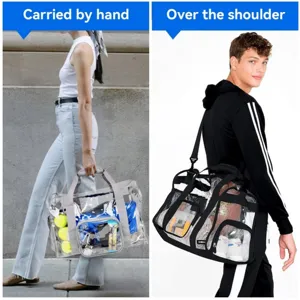Vista dettagliata della borsa da viaggio in PVC trasparente con grande capacità.