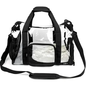 Borsa da viaggio sportiva trasparente in PVC con cinghie nere e scomparto per scarpe.