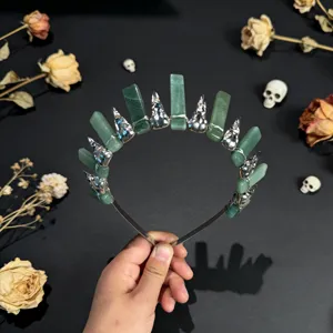 Green crystal crown headband with gothic metal skull design, perfect for Halloween photography.