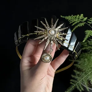 Crystal Crown Headband Black Stone Sun Goddess Tiara Hair Accessories for Women.