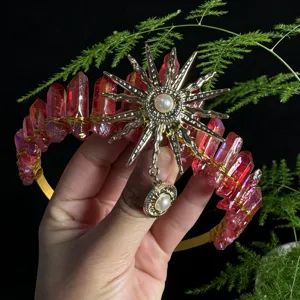 Handmade natural pink crystal crown headband with sun goddess charm for women fairy headpiece