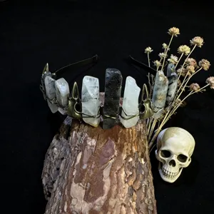 Gothic natural crystal quartz crown headband with vintage raven skull accents for women photography gift.