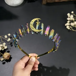 Crystal crown headband featuring aura quartz points, gold wire wrap and moon star charm for women.