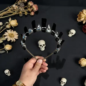 Gothic black crystal crown headband with skull details for Halloween parties and cosplay.