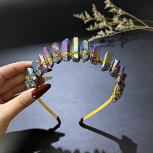 Detailed shot of crystal tiara, handmade quartz headband with wire wrapping, sparkling festival style.