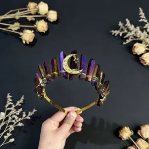 Natural crystal crown headband with purple quartz and gold star moon charm for women.