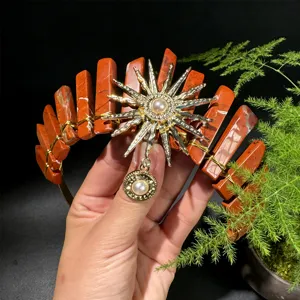 Diadema de corona de diosa del sol de cristal natural, tiara de piedra roja para fotos.