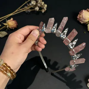 Detailed view of the gothic crystal crown headband, sparkling quartz pillars and metal.