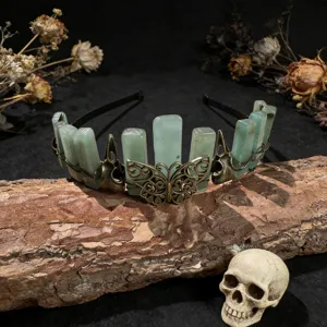 Crystal crown headband with green natural stone pillars, butterfly and raven skull gothic details.