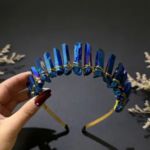 Blue crystal crown headband detail, handmade gold wire wrapped quartz for festival party.