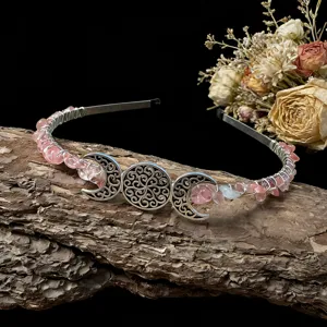 Natural crystal moon chip crown headband handmade bridal gothic hair accessory detail
