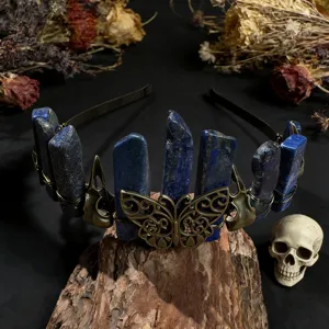 Gothic crystal crown headband with blue lapis lazuli, butterfly filigree and metal wire.