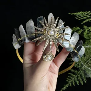 Natural crystal crown headband with sun goddess metal accessory, elegant boho hair piece for women.