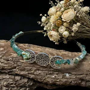 Handmade natural green crystal stone chipped moon crown headband, exquisite bridal hair accessory.