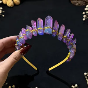 Crystal crown headband detail, gold wire wrapped rainbow quartz stones, festival hair accessory.