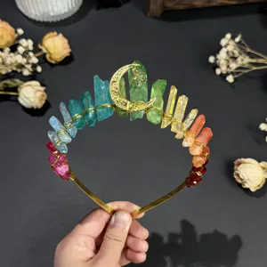 Handmade rainbow crystal crown headband with gold wire, star and moon charm for women.