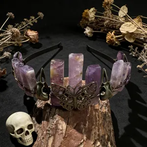 Natural crystal crown headband with retro butterfly and skull accessories for gothic fashion photo