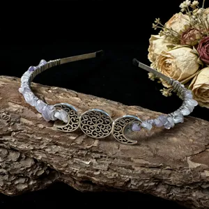 Crystal moon tiara detail shot featuring wrapped gemstone chips and hollow goddess elements.