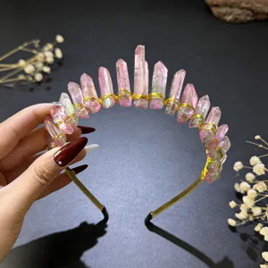 Natural pink crystal crown headband with gold wire for women holiday party and photography.